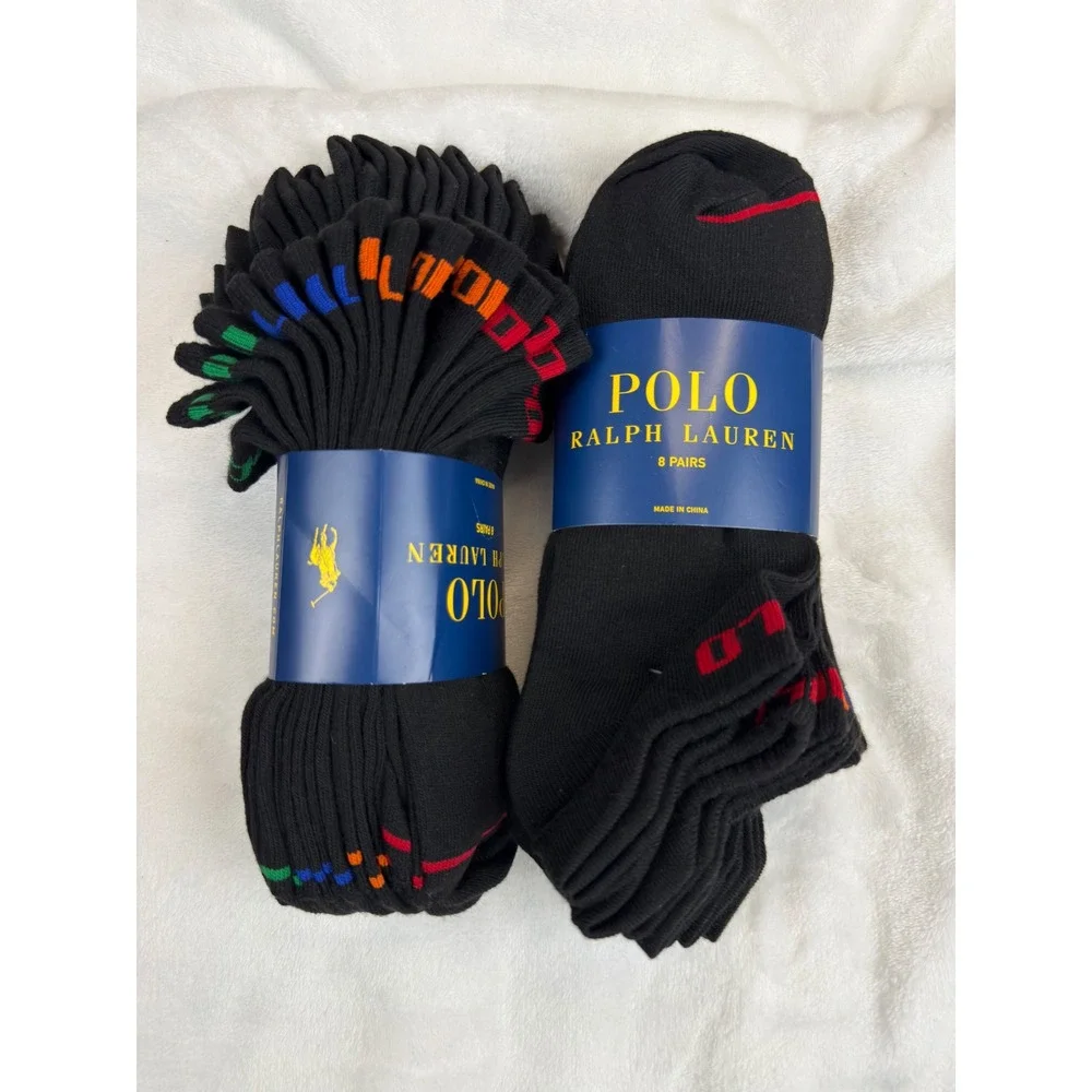 Polo Ralph Lauren Mens 8 Pair Ankle Socks Black with Multicolor Logo New